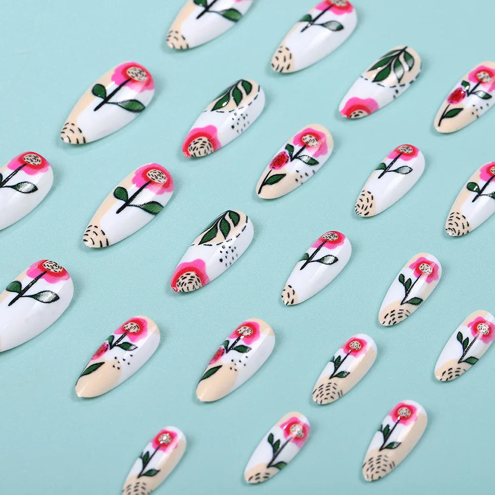 24 Piece Set Medium Long Press On Nails with Peach Flower Design - Smarsty