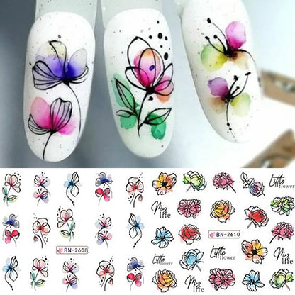 12 Pcs Summer Ink Flowers Nail Art Stickers - Smarsty