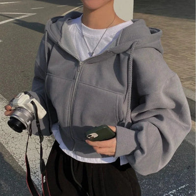 Autumn Winter Hooded Hoodies Women Casual Streetwear Zip Up Sweatshirts Long Sleeve Jackets Harajuku Y2K Crop Tops Hood Shirt - Smarsty