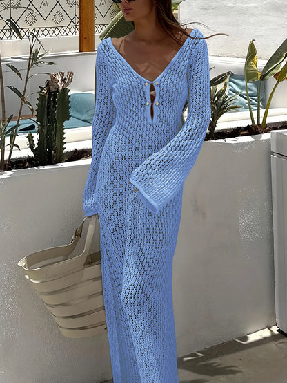 Sexy Women White Long Knit Sleeve Bikin Fashion Cover up Female See-Through Deep V-Neck Hollow-Out Beach Knitwear Backless Dress