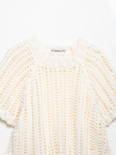Hollow Out Knit Pullover Women Casual Round Neck Lace Up Bow Sweater Female Autumn Short Sleeves Solid Knitwears Lady - Smarsty