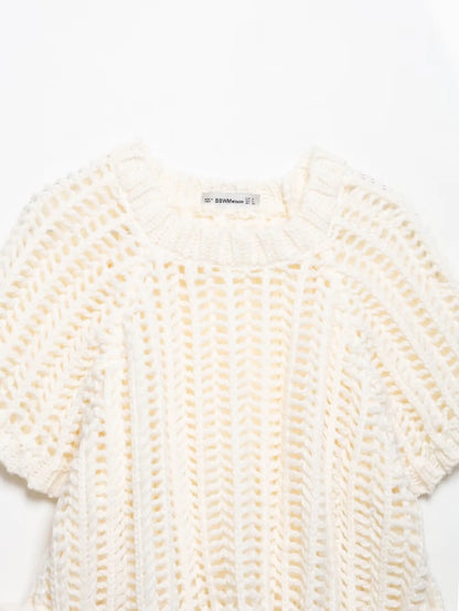 Hollow Out Knit Pullover Women Casual Round Neck Lace Up Bow Sweater Female Autumn Short Sleeves Solid Knitwears Lady - Smarsty