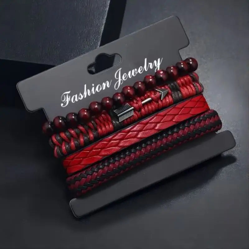 Vintage Mens Leather Bracelet Wooden Beaded Hand Woven Fashion - Smarsty
