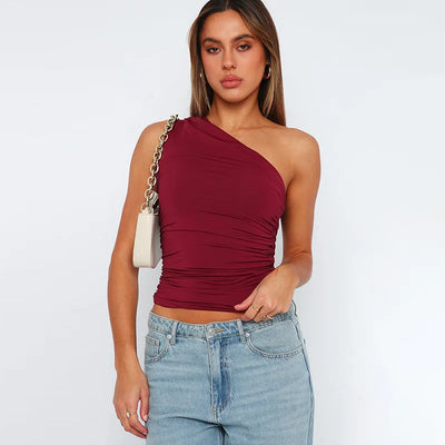 Solid Color One Shoulder Backless Shrink Tank Top T-Shirt Candy Color Tight Sexy Sleeveless Neckless Slim Casaul Top - Smarsty