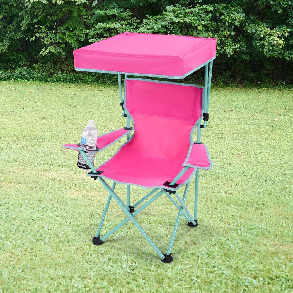 Kids Canopy Camp Chair Safety Lock Portable Outdoor Chair with Canopy Adjustable Sunshade Cup Holder Kids 125lb Capacity