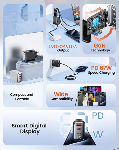 GaN USB Type C Charger With Digital Display 65W Power - Smarsty