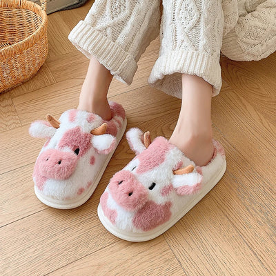 Casual Fluffy Slippers Women House Cute Cartoon Cow Designer Shoes Girl Flat Fashion Elegant Plush Winter Platform Footwear Home - Smarsty