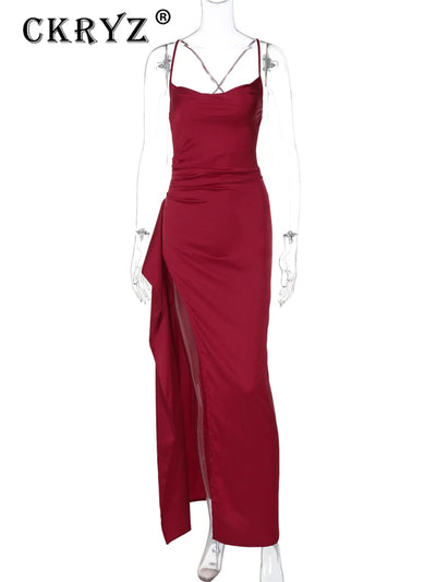 Ladies Summer Satin Fashion Evening Party Dress Women Sleeveless Backless Side Slit Long Dress Birthday Clubwear Woman Clothes - Smarsty