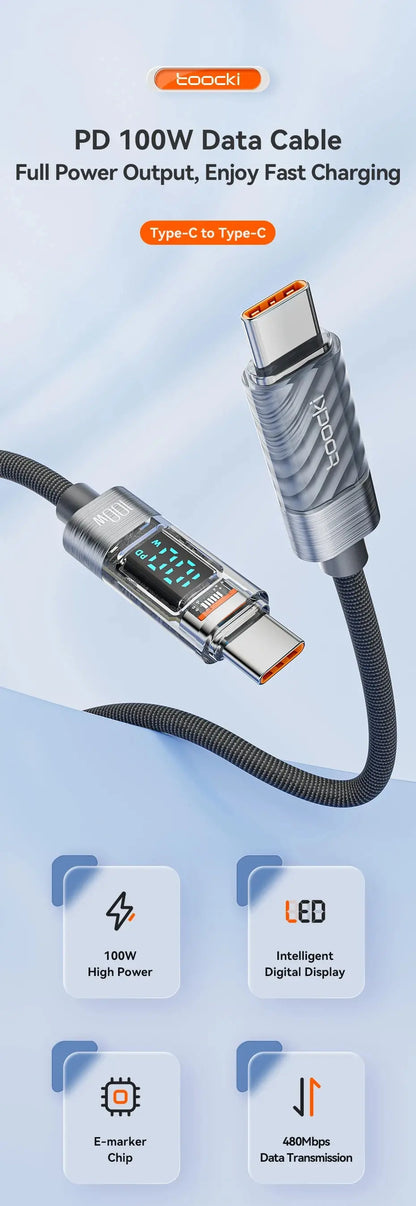 Toocki Type C to Type C Cable 100W PD Display Fast Charging Charger USB C to USB C Transparent Cable For Xiaomi Macbook