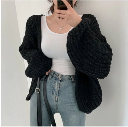 Vintage Harajuku Lantern Sleeve Women Cardigan Sweater Casual Korean Fall Streetwear Tops Coat Chic Lazy Wind Y2k Sweater - Smarsty
