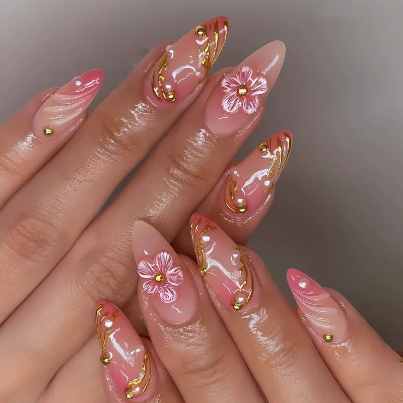 24Pcs Pink Almond False Nails with French Design - Smarsty