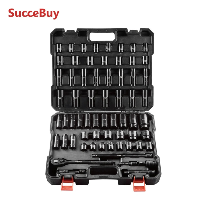 SucceBuy 26/65PCs US Plus Drive Impact Socket Set Deep Standard Socket Set SAE Metric 6 Point CR-V Cr-Mo Alloy Steel Auto Repair