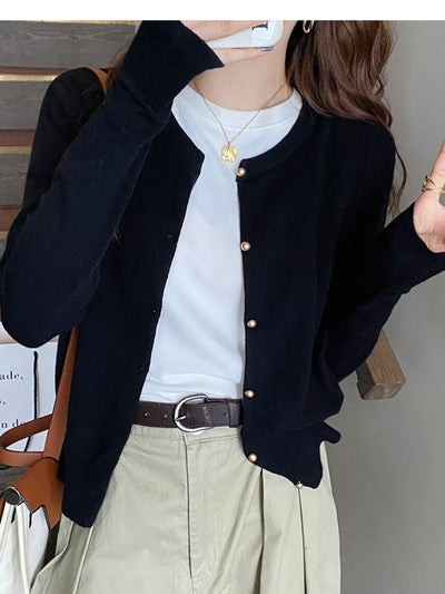 Solid Color Knitted for Women Cardigan Korean Single Breasted Long Sleeve Jumper Woman Round Neck All Match Cardigans Outwear - Smarsty