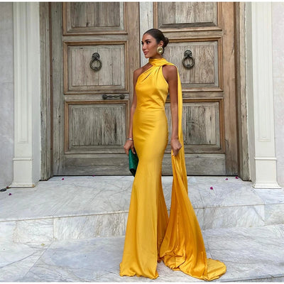 Sexy Satin Ribbon Party Dress Women Elegant Halter Backless Off Shoulder Sleeveless Female Dresses 2024 Summer Solid Robe Gown - Smarsty