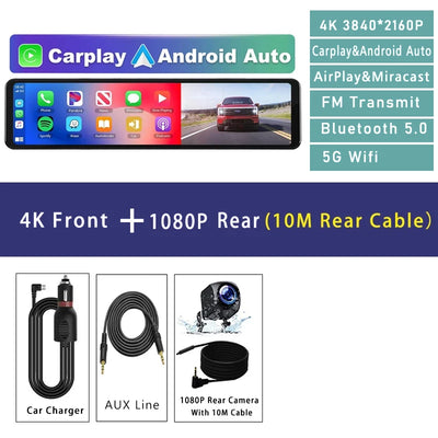 4K Dash Cam with GPS WiFi CarPlay Android Auto Mirror - Smarsty