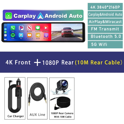 4K Dash Cam with GPS WiFi CarPlay Android Auto Mirror - Smarsty