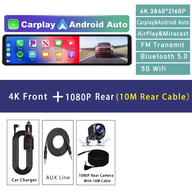 4K Dash Cam with GPS WiFi CarPlay Android Auto Mirror - Smarsty