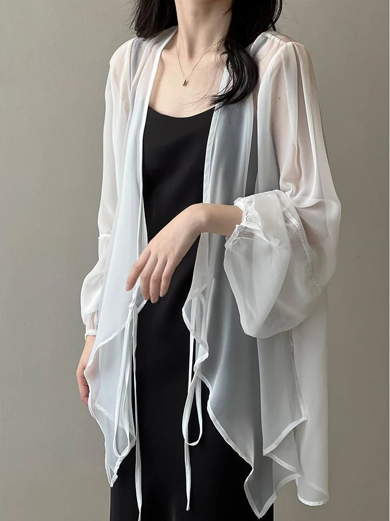 Shirts Women V-neck Loose Long Sleeve Open Stitch Korean Style Lace-up Simple Solid Summer Chiffon Breathable Minimalist Stylish - Smarsty