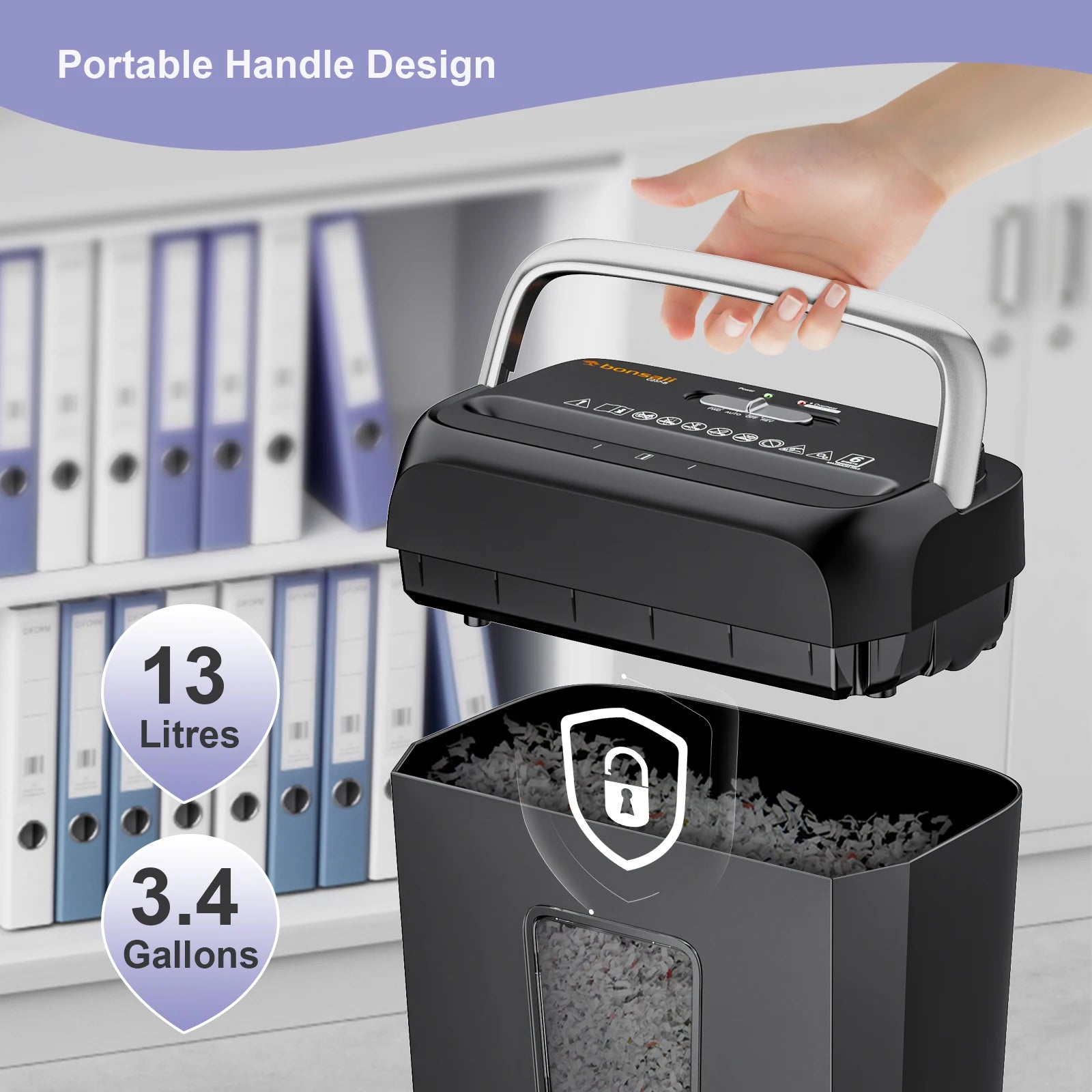 Bonsaii 6-Sheet Cross Cut Paper Shredder Home Office Use with Handle for Document,Mail,Staple,Clip-3.4 Gal Wastebasket