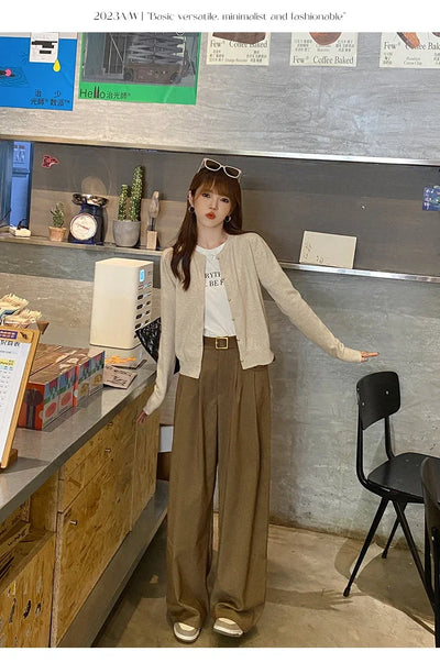 Solid Color Knitted for Women Cardigan Korean Single Breasted Long Sleeve Jumper Woman Round Neck All Match Cardigans Outwear - Smarsty