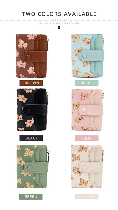 Women Short Wallets PU Leather Female Bifold Purses Cute Bear Card Holder Wallet for Girl Small Zipper Wallet with Coin Purse - Smarsty