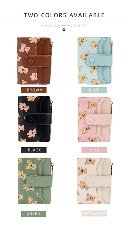 Women Short Wallets PU Leather Female Bifold Purses Cute Bear Card Holder Wallet for Girl Small Zipper Wallet with Coin Purse - Smarsty