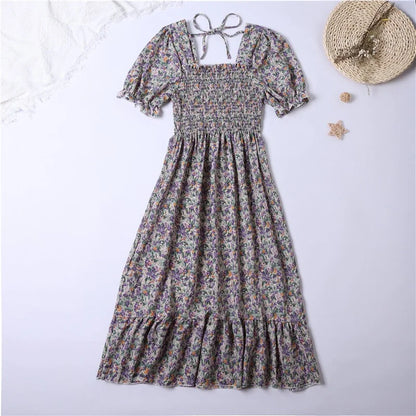 Summer Pleated Women Chiffon Dresses Casual Beach Holiday Short Sleeve Square Collar Woman Midi Dress Bohemian Mujer Vestidos - Smarsty
