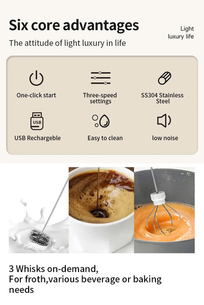 HOT  Electric Milk Frother + Egg Beater Wireless Type-C Charging 3 Speeds Mini Handheld Foam Maker Coffee Whisk Cooking Tools - Smarsty