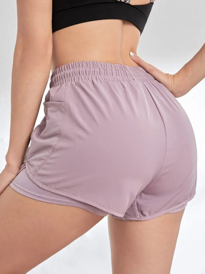 Women's Elastic Sports Shorts, Shorts With Pockets, Fake Two-Piece Yoga Leggings Running And Training - Smarsty