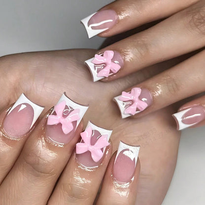 Pink Bowknot Stiletto Press On Nails 24PCS Full Cover - Smarsty