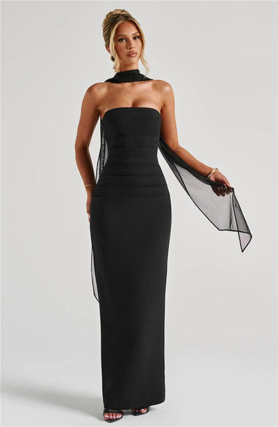Mozision Scarf Collar Strapless Sexy Maxi Dress For Women Fashion Off-shoulder Backless Bodycon Club Party Long Dress Elegant - Smarsty