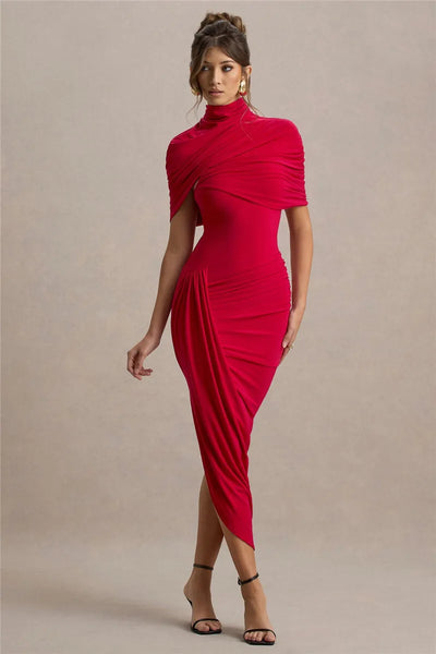 Mozision Half Sleeve Backless Ruched Sexy Maxi Dress Women Summer New Turtleneck Slim High Waist Evening Club Party Long Dress - Smarsty