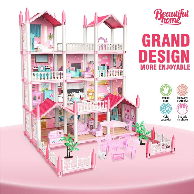 Girl Doll House Toy Children Pretend Play Dollhouse Villa Patchwork Dream Furniture Home Doll House for Kids Christmas Toy Gifts by Smarsty