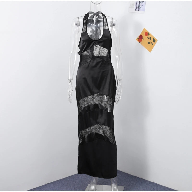 Elegant Lace Halter Dress Women Slim V-neck Backless Evening Long Dresses Woman Sleeveless Vintage Party Robe Lady Spring Summer - Smarsty