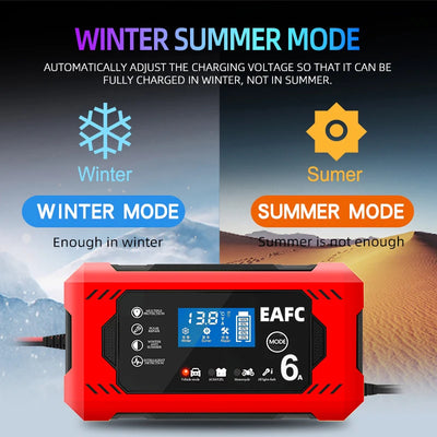 Car Battery Charger 12V 6A Intelligent Fast Charging Pulse Repair Type Full Auto-Stop Dual-Mode Lead Acid for Motorcycle Truck - Smarsty
