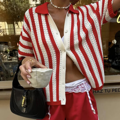 Striped Lapel Cardigan Women's Spring Summer 2025 New Button Knitted Contrast Short-sleeved Cardigan Street Women's Clothing - Smarsty