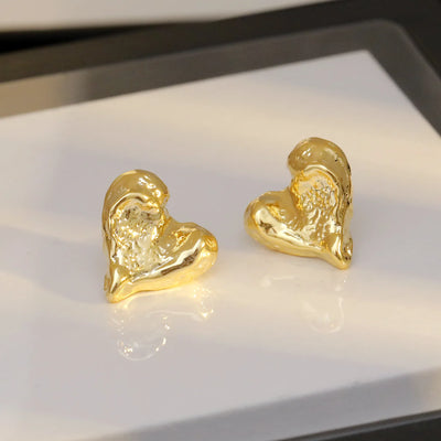 Gold Heart Stud Earrings Minimalist Smooth Surface Bridal - Smarsty