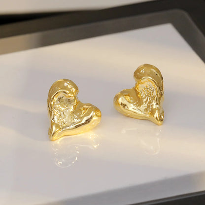Gold Heart Stud Earrings Minimalist Smooth Surface Bridal - Smarsty