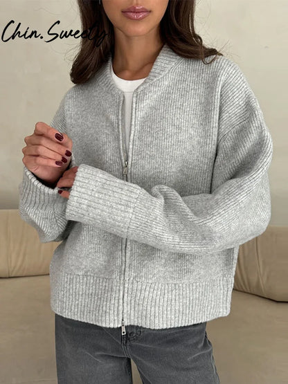 Vintage Knit Women Cardigan Casual Full Sleeve Zipper O Neck Pleated Solid Lady Sweater 2025 Autumn Fashion Female Knitwear - Smarsty