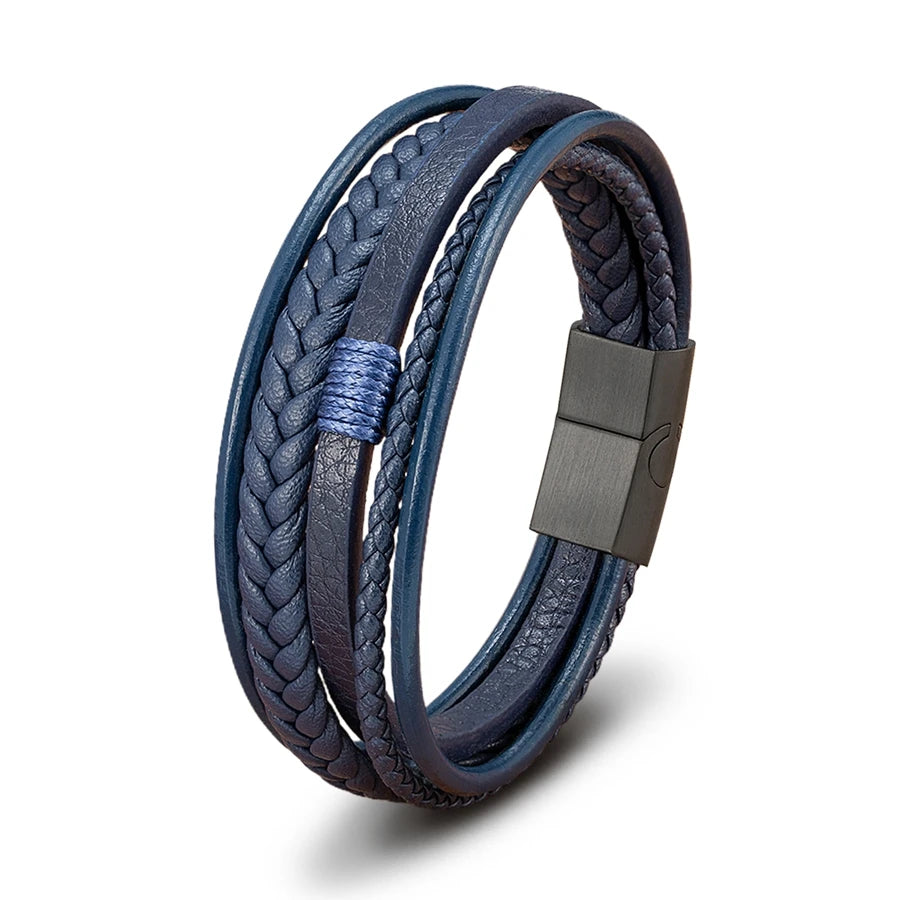 Mens Leather Bracelet Magnetic Buckle Multilayer Bangles - Smarsty