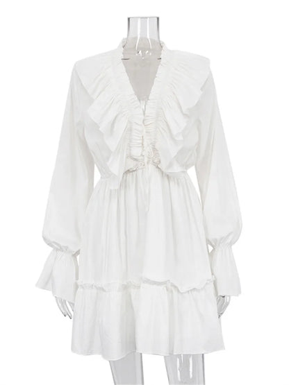 Tossy Ruffled V-Neck White Mini Dress Female Patchwork Long Sleeve Elegant Bandage Fashion Dress High Waist Lace-Up Women Dress - Smarsty