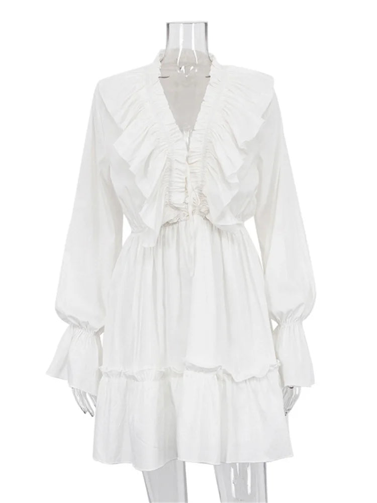 Tossy Ruffled V-Neck White Mini Dress Female Patchwork Long Sleeve Elegant Bandage Fashion Dress High Waist Lace-Up Women Dress - Smarsty
