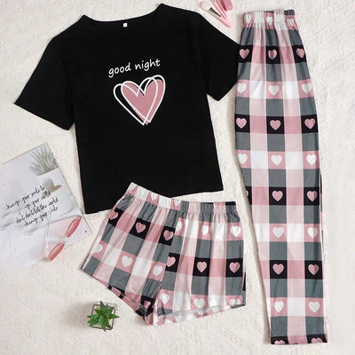 Women's Short Sleeve Crew Neck Top With Shorts And Pants 3 Piece Loungewear Sleepwear Lounge Sets Nighty Print Casual Pajama Set - Smarsty