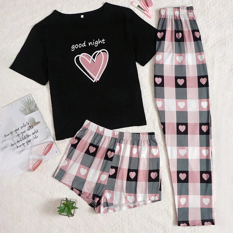 Women's Short Sleeve Crew Neck Top With Shorts And Pants 3 Piece Loungewear Sleepwear Lounge Sets Nighty Print Casual Pajama Set - Smarsty