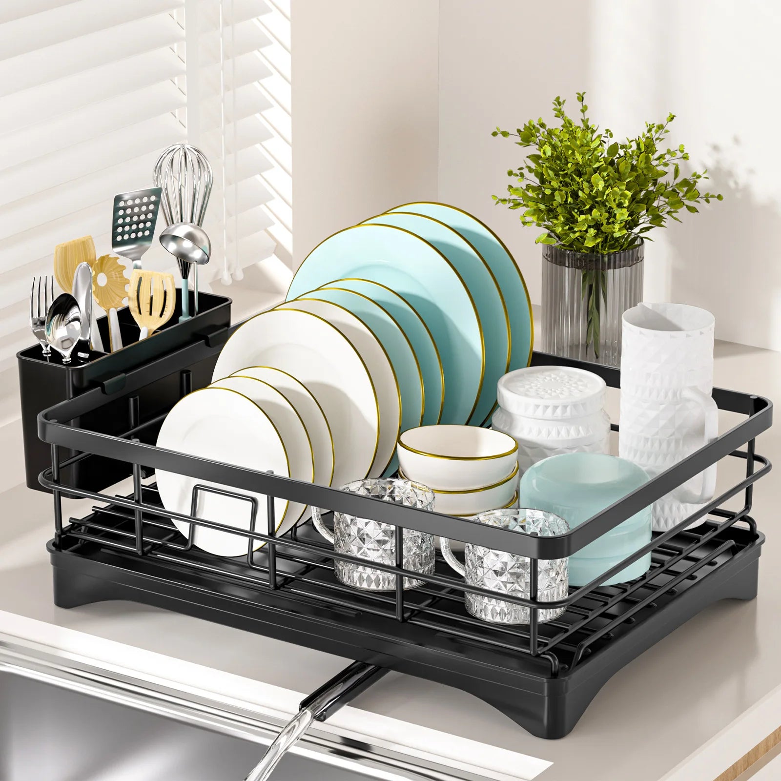 Single Layer Hollow Dish Rack Kitchen Countertop Rack with Drainage Tray Multifunctional Tableware Rack Rust Resistant Durable