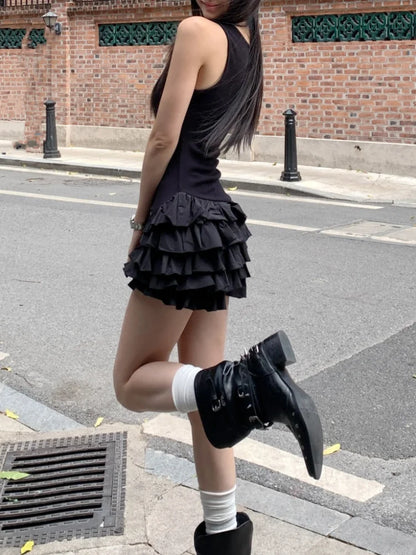 Chic Y2K Sleeveless Mini Dress For Woman Summer Black Dresses Sexy Clubwear Party Slim fit Ruffle Pleated Short Dress - Smarsty