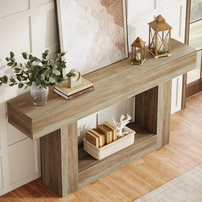 Tribesigns 63" Console Table, Farmhouse 2-Tier Entryway Table with U-Shaped Base, Narrow Long Wood Sofa Table Behind Couch Table