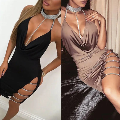 Sexy Deep V Neck Low-cut Side Split Silver Collar Bodycon Dress Women Elegant Backless Sleeveless Mini Dress Club Party Vestidos - Smarsty