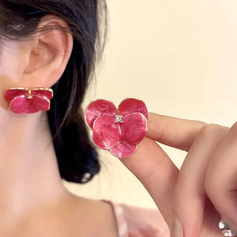 Enamel Flower Stud Earrings Cute Crystal Five Petal - Smarsty