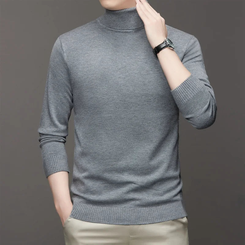 Autumn Mens High Quality Knitted Turtleneck Sweater Slim Fit Long Sleeve Anti-pilling Pullover Solid Color Trend Men Streetwea - Smarsty